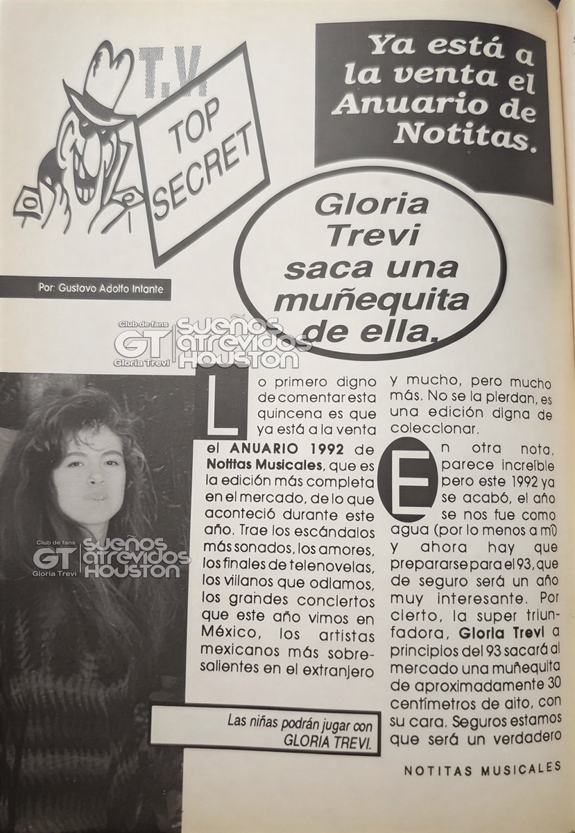 #TreviRecuerdos

¡<a href="/GloriaTrevi/">GloriaTrevi</a> lanzará una muñequita que se parece a ella!

Revista Notitas Musicales, Diciembre de 1992.

A principios de 1993, Gloria Trevi sacará al mercado una muñequita de aproximadamente 30 centímetros de altura, con su rostro.