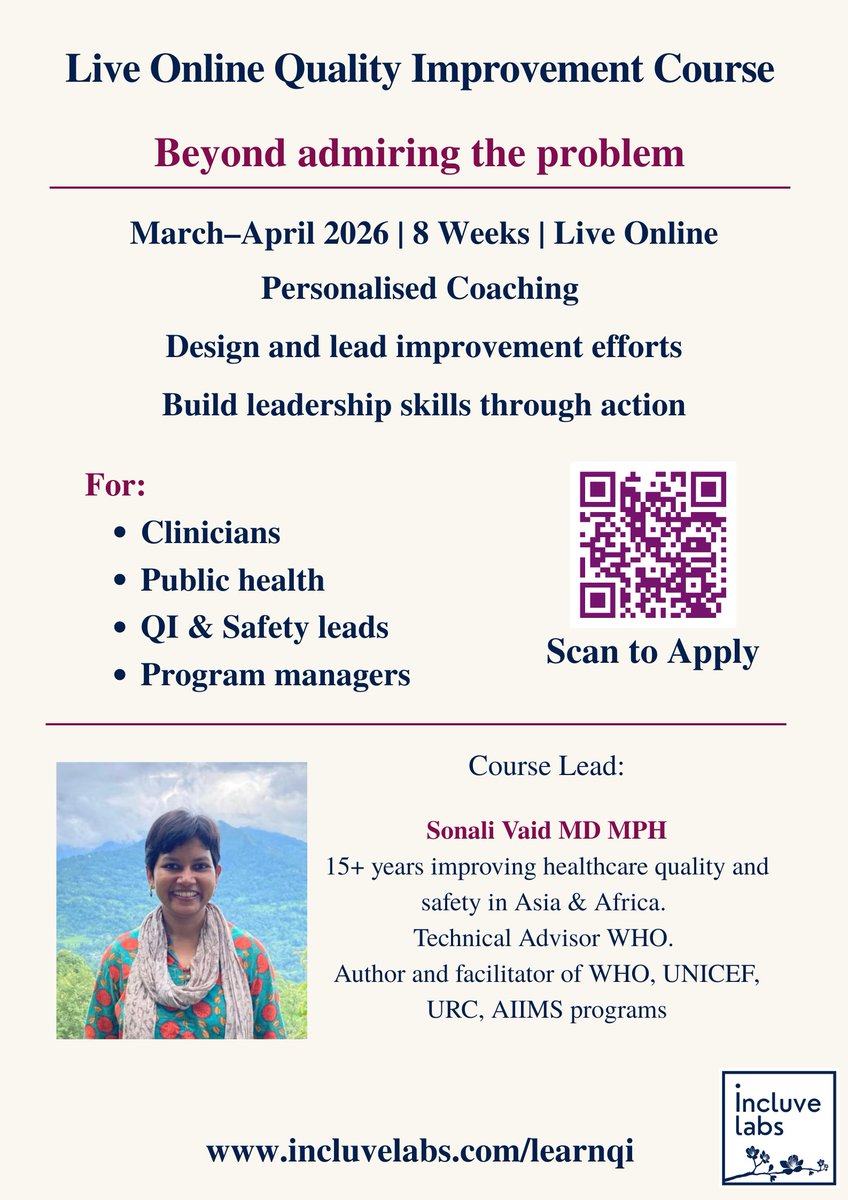 SonaliVaid's tweet image. Hello all! 🌟

I am teaching this course on #qualityimprovement
One of a kind in India (&amp;amp; possibly the Global South/LMICs)!

Retweet/Tag/Share with doctors, nurses, allied health, hospital admin, public health, health system researchers etc.

DM for info
incluvelabs.com/learnqi