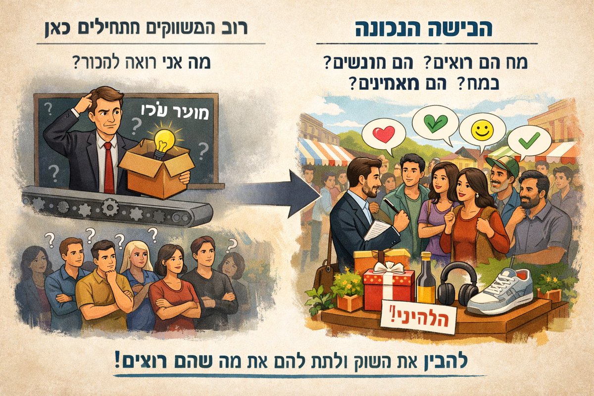 השוק מניע הכל, לא המוצר שלך. 

ולמרות זאת, רוב היזמים עובדים הפוך.

 הם מתחילים עם מה שהם רוצים למכור ואז מנסים להבין איך למכור את זה. 

הגישה הנכונה היא להתחיל מהשוק. 

להבין מה הלקוחות רוצים, מרגישים ומאמינים...

ואז לתת להם את זה בצורה טובה יותר מהמתחרים.