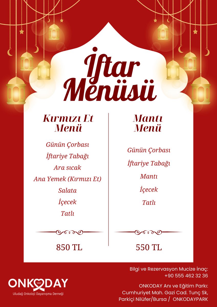 Ramazan ayının bereketini ve paylaşma ruhunu, özel olarak hazırladığımız iftar menümüzle taçlandırıyoruz. 

Rezervasyonlarınızı yaptırarak iftar yemekleriniz için şimdiden yerinizi ayırtabilirsiniz.

Bilgi ve Rezervasyon :

Mucize İnaç:

+90 555 462 32 36