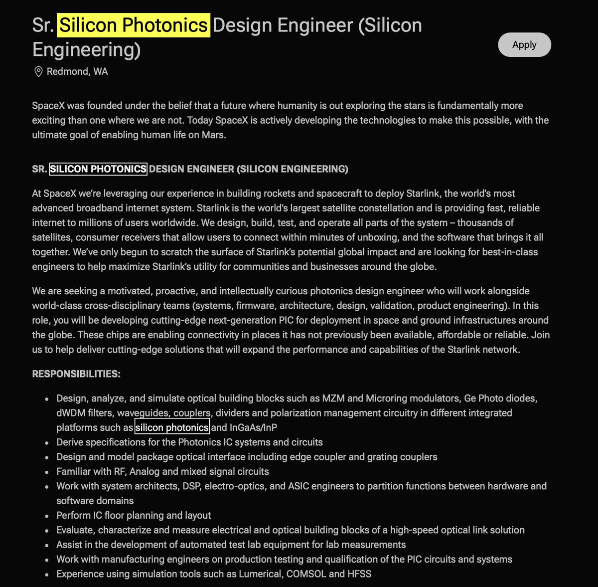 teslayoda's tweet image. 🚨 BREAKING: SpaceX is hiring Silicon Photonics Chip Design Engineers to design chips that move data using light (photons) instead of electrons, enabling much higher speeds, lower power consumption, and reduced heat.