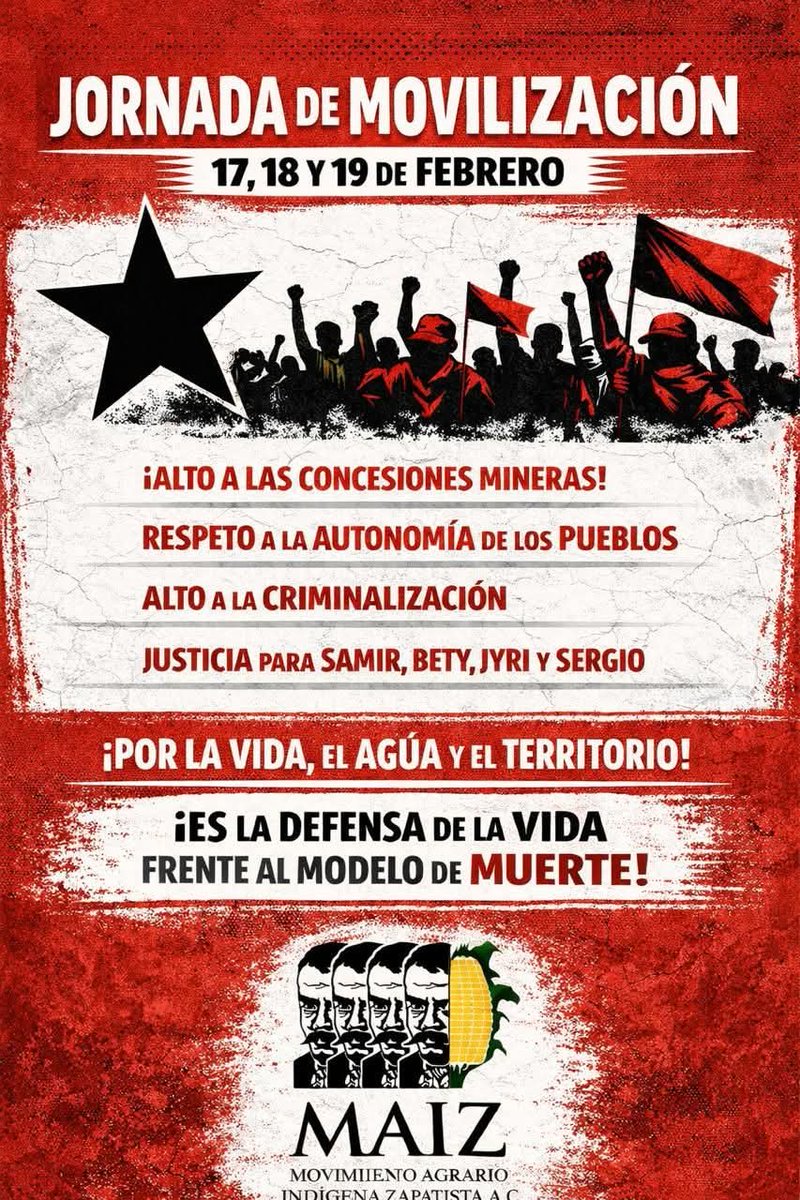 CNI_Mexico's tweet photo. MOVIMIENTO AGRARIO INDÍGENA ZAPATISTA ANUNCIA JORNADA DE MOVILIZACIÓN 17, 18 Y 19 DE FEBRERO

#CNI30añosdeRebeldiayResistencia #Somoscaminoycaminantes

https://t.co/y0QY6pKAvg https://t.co/NqGvqCHGg6
