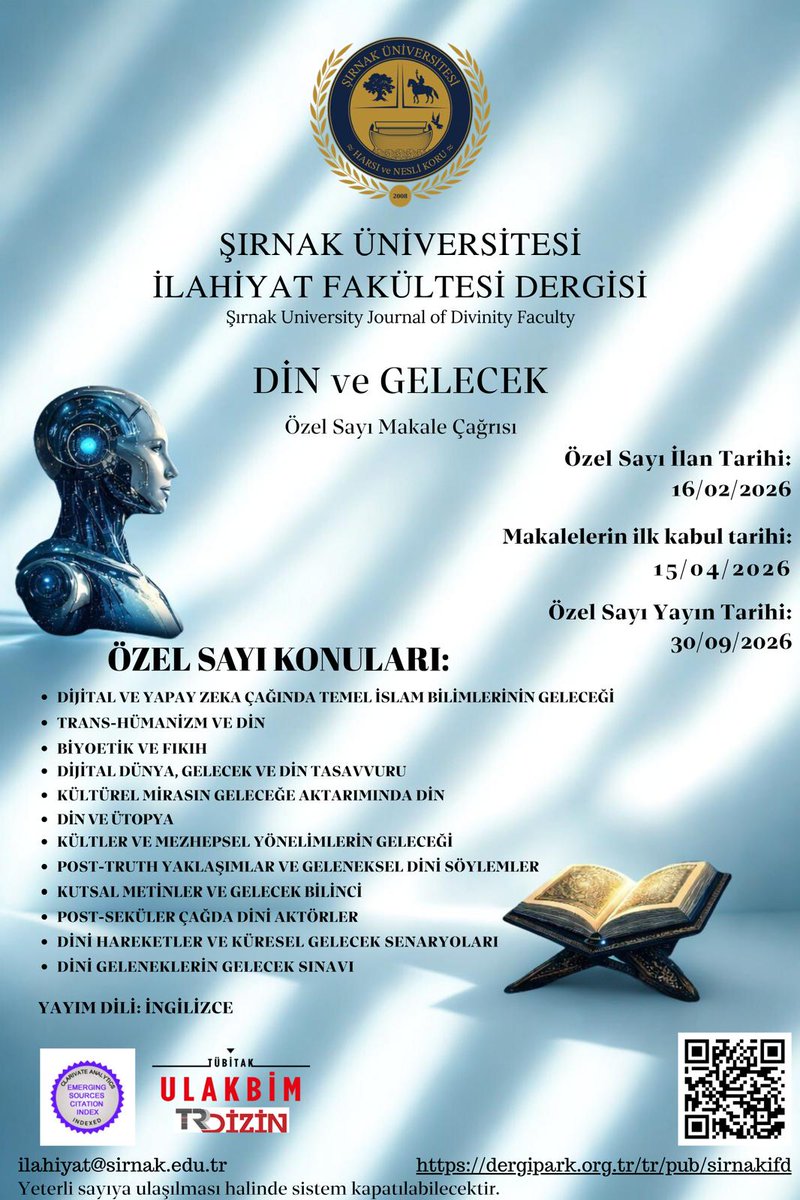 📣📣📣

ŞÜİF Dergimiz, 2026 yılı İNGİLİZCE Özel Sayısı için makale kabülüne 15.04.2026 tarihinde açılacaktır. 

#ŞırnakİlahiyatDergisi #ŞÜİFD