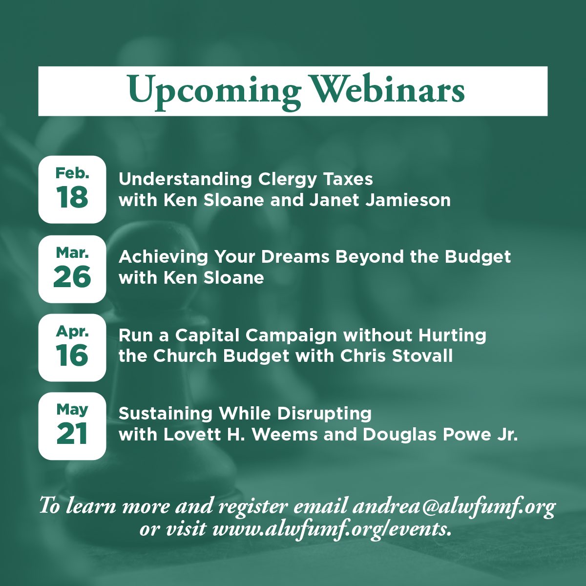 ALWFUMF's tweet photo. Have you registered for Wednesday’s webinar?

Experts Rev. Dr. Ken Sloane and Janet Jamieson, CPA join us to talk about the unique tax challenges for clergy at our annual “Understanding Clergy Taxes” webinar!

Register: https://t.co/qLNt7DsZ5s https://t.co/CRlCTMDcYb