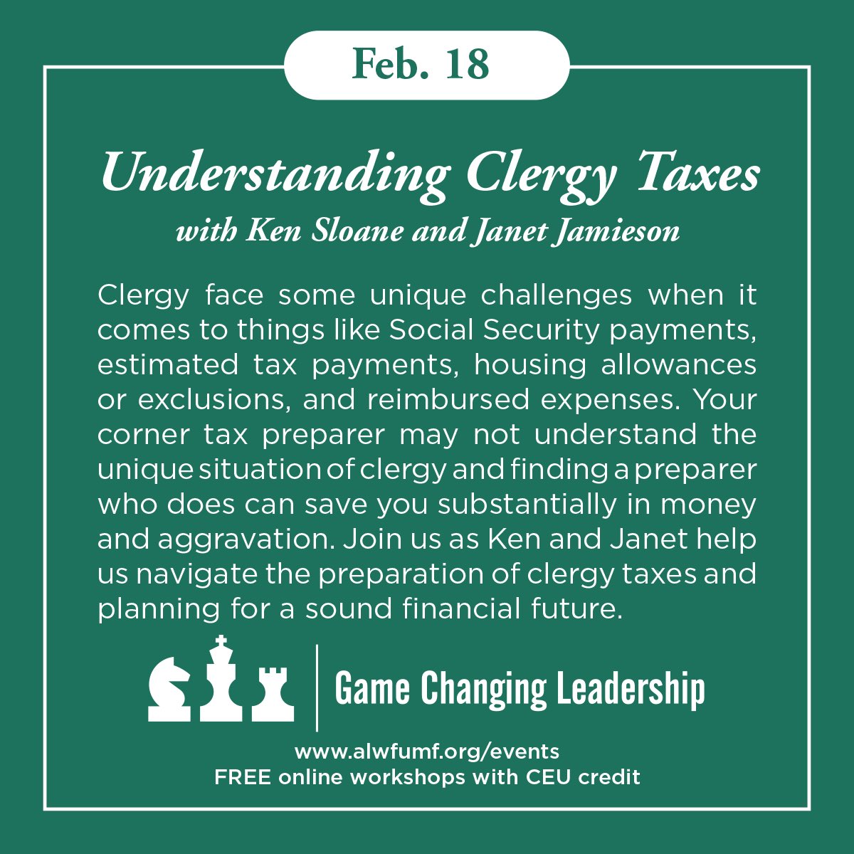 ALWFUMF's tweet photo. Have you registered for Wednesday’s webinar?

Experts Rev. Dr. Ken Sloane and Janet Jamieson, CPA join us to talk about the unique tax challenges for clergy at our annual “Understanding Clergy Taxes” webinar!

Register: https://t.co/qLNt7DsZ5s https://t.co/CRlCTMDcYb