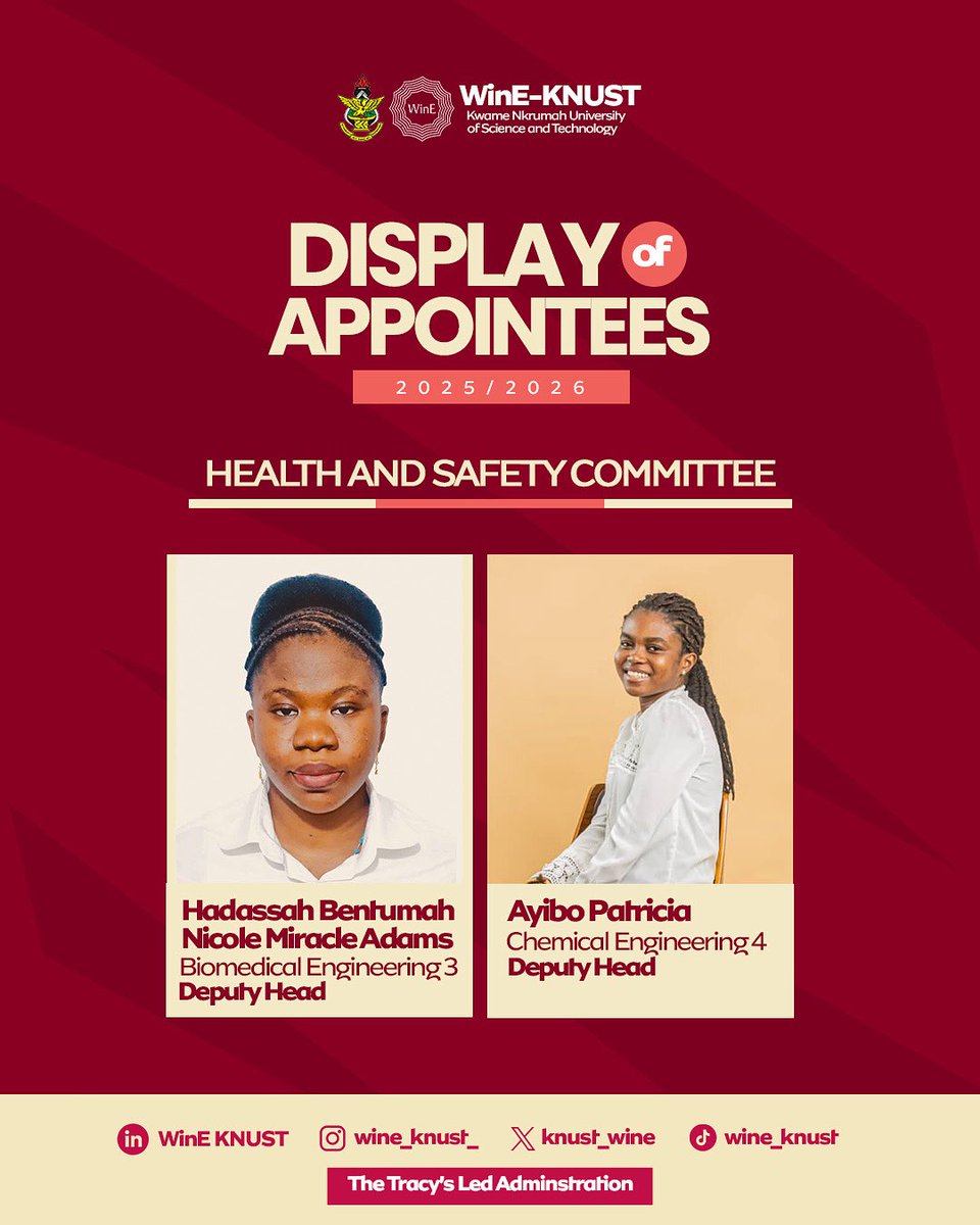 𝐃𝐈𝐒𝐏𝐋𝐀𝐘 𝐎𝐅 𝐖𝐢𝐧𝐄 𝐀𝐏𝐏𝐎𝐈𝐍𝐓𝐄𝐄𝐒 𝟐𝟓/𝟐𝟔

Introducing to you the Health and Safety Committee 🙂‍↔️🔥
This team is committed to ensuring the wellbeing, safety and protection of every WinE member.