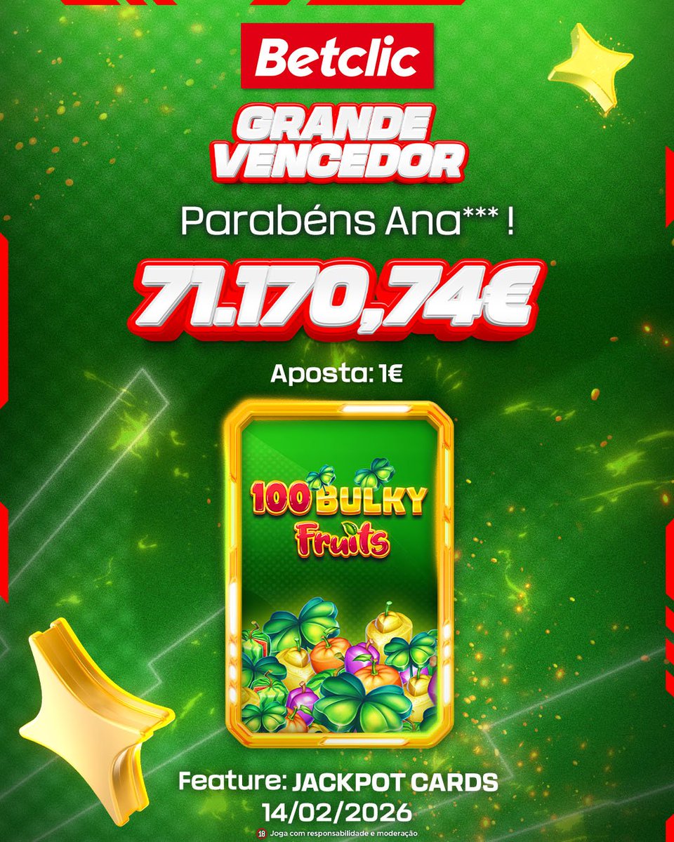 🤑 A FRUTA DO AMOR 🥰

No dia de São Valentim, o cupido da sorte atingiu a Ana***! Ganhou mais de 71 mil euros na Slot 100 Bulky Fruits, com um spin de apenas 1€, graças à feature Jackpot Cards.

É caso para dizer que trincou o ouro e gostou, muitos parabéns!