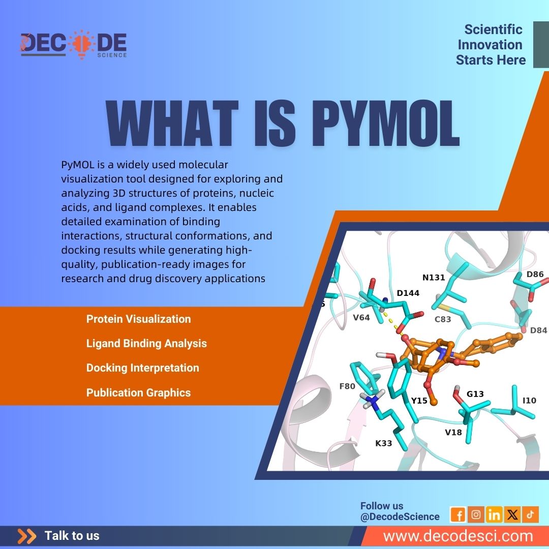 science_de55346's tweet photo. 🧪 #Bioinformatics / #DrugDiscovery Tool Series
🔬 Tool #3: PyMOL
PyMOL is a powerful 3D molecular visualization tool used to analyze protein–ligand interactions, interpret docking results, and generate publication-ready structural images.

#PyMOL  #MolecularDocking https://t.co/TbzlCxiLX6