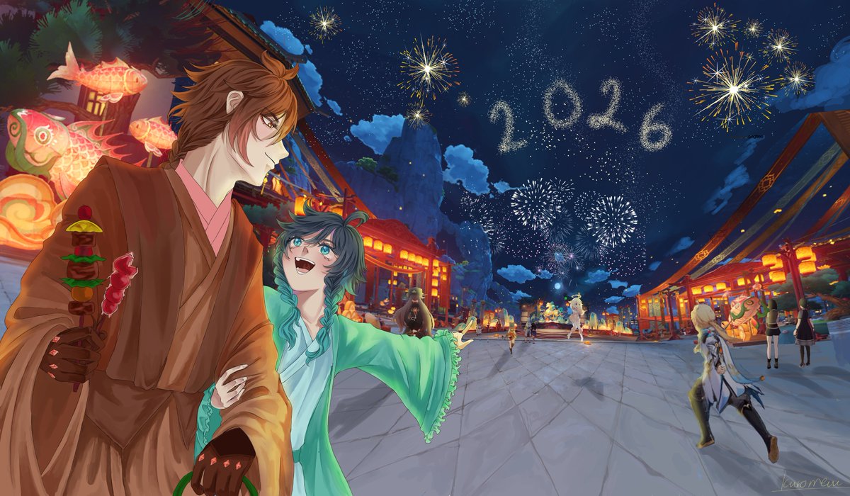 Kuromew_04's tweet photo. [ 🔶🍃 ]Happy Lunar New Year 2026!!!!!!!🎆🎇🎆🎇 May all your new year wishes come true🫶😆Wishing you all the magic of the new year☺️😚😁

#Zhongven #Genshinlmpact #HappyLunarNewYear #HappyNewYear2026 #Zhongli #venti https://t.co/B3Cl7OMrpd