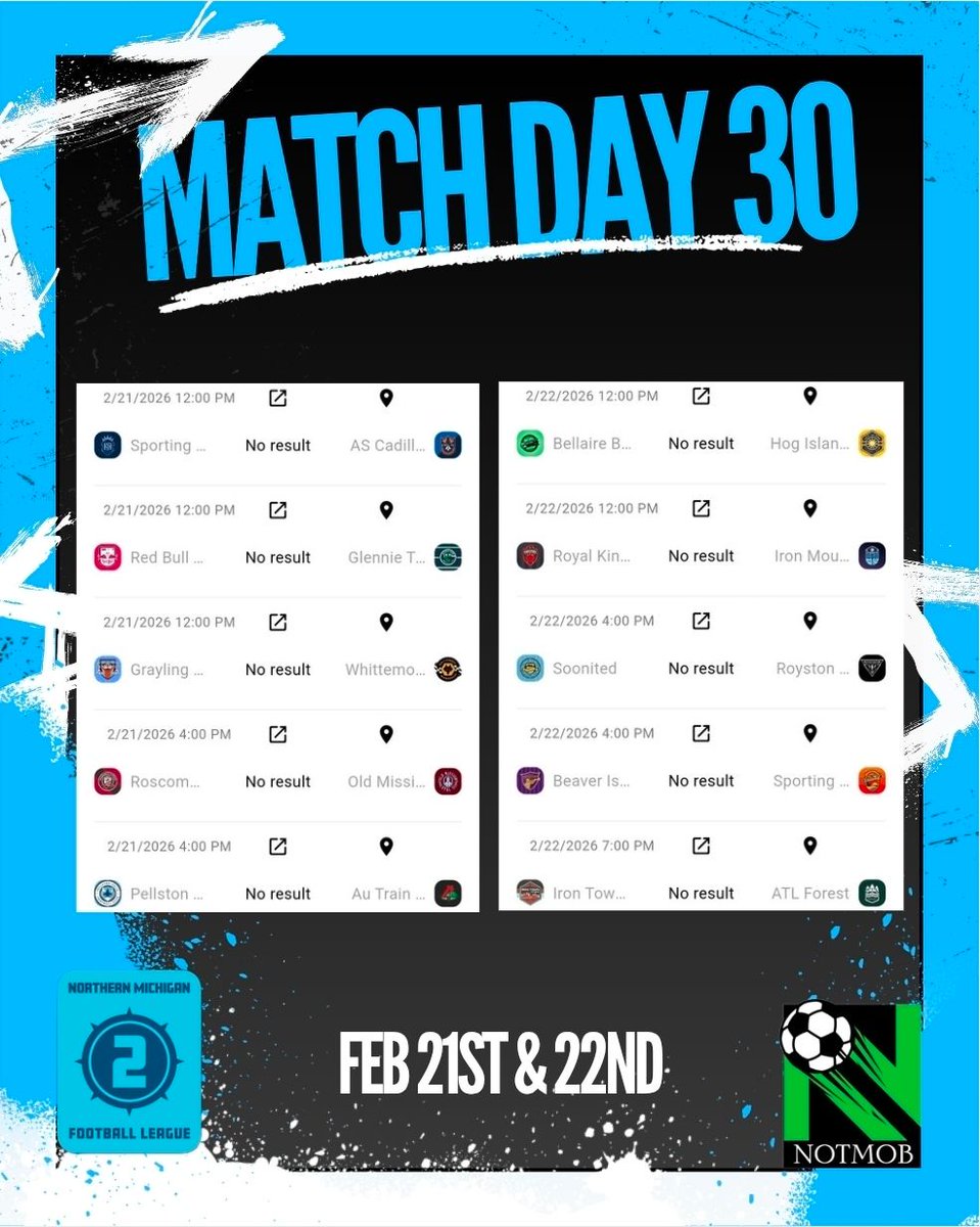 NMFFLsoccer's tweet photo. MATCHDAY 30.

We have less than 10 games remaining in the NMFFL. Here's the fixtures for this weekend. https://t.co/2jFr5h6lhs