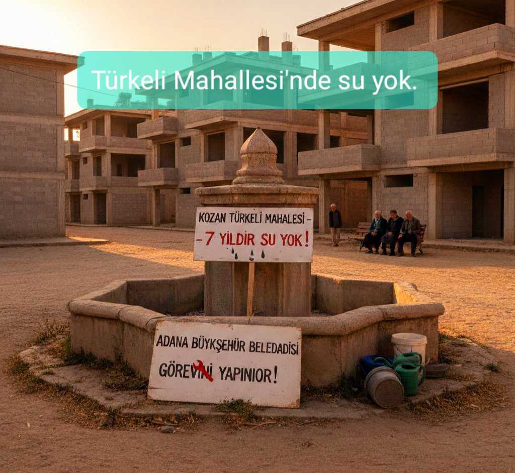 cml_gk's tweet photo. Yağmur yağıyor, su yok fatura çok. 
Kozan Türkeli Mahallesi'nde 7 yıldır her gün su kesik. Akmıyor. Akamıyor. Her ay 1000 lira fatura geliyor ama su akmıyor.

Yemin ediyorum. Siyaset yapmıyorum. 
Vallahi siyaset yok. Billahi yok. 
Bu su kesintisinin bir çözümü yok mu? https://t.co/gLHfunKOIg