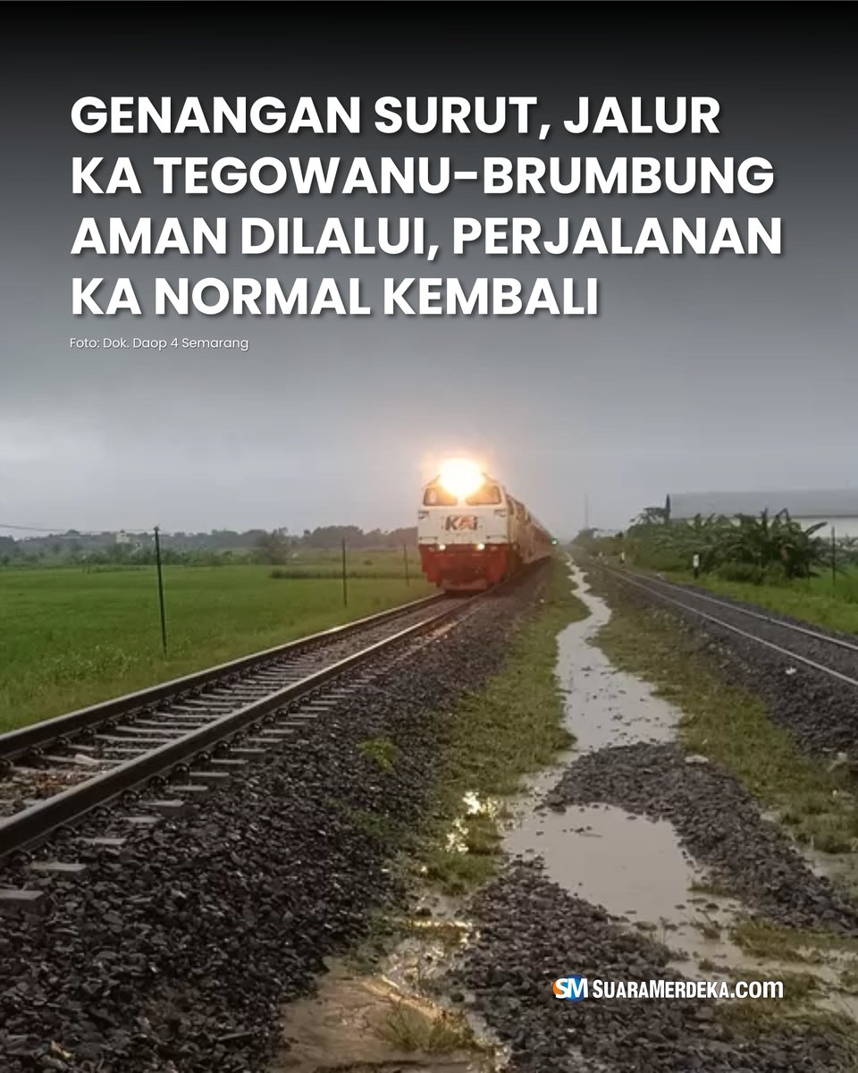 suaramerdeka's tweet photo. KAI Daop 4 Semarang menginformasikan bahwa perjalanan kereta api kembali normal setelah sempat terganggu akibat luapan air.
#suaramerdeka #suaramerdekacom #suaramerdekanetwork #genangan #banjir #gubug #tegowanu #brumbung #keretaapi #daop4semarang https://t.co/bg0xrmwdcX