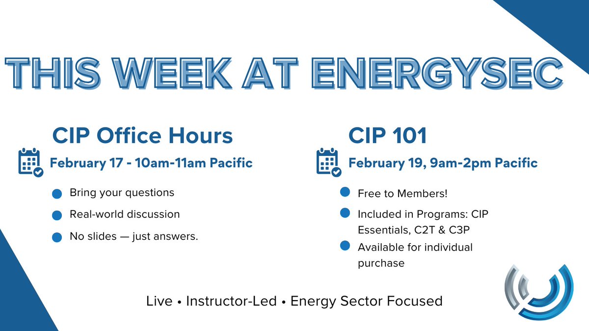 📅 Your CIP Week Starts Here!! EnergySec has you covered with both open discussion and structured training.

🔹 CIP Office Hours - Weekly Q&amp;A and Industry Discussion:
🕙 Tuesday, Feb 17th | 10:00–11:00 AM Pacific
✔️ Open to Members + EnergySec CIP course participants

🔹 LIVE