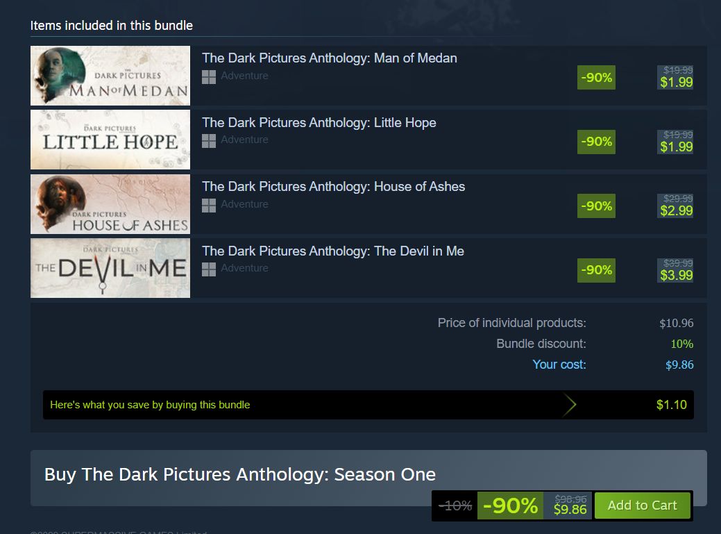 The Dark Pictures Anthology: Season One Bundle is $9.86 on Steam (90% off sale) buff.ly/3hsYo47 

each game $1.99-$3.99