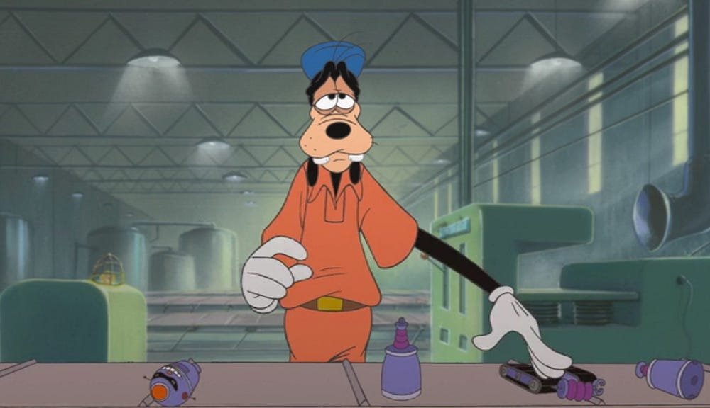 theaaronschmit's tweet image. I'll always find it wild that Goofy went from working a job at a high end mall having fun and taking pictures of families in A Goofy Movie, to working in a cold isolated assembly line job at a toy factory in An Extremely Goofy Movie.

Like damn. Times got rough for Goofy.