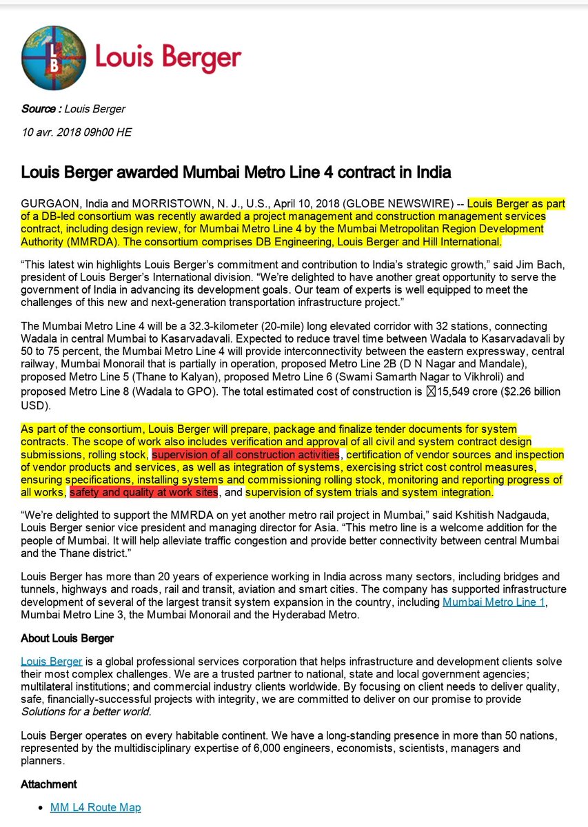 मेट्रो ४ च्या नित्कृष्ट काम आणि निष्काळजीपणामुळे मुलुंड येथे एकाचा जीव गेला त्या कामामध्ये कन्सल्टंट म्हणून अशा कंपनीला काम दिले ज्यांनी टेंडर मिळविण्यासाठी करोडो रुपयांची लाच दिली....अशा कंपनीवर जबाबदारी काय होती बघा....safety - qaulity maintain करणे, साईटवर प्रत्यक्ष कामाची