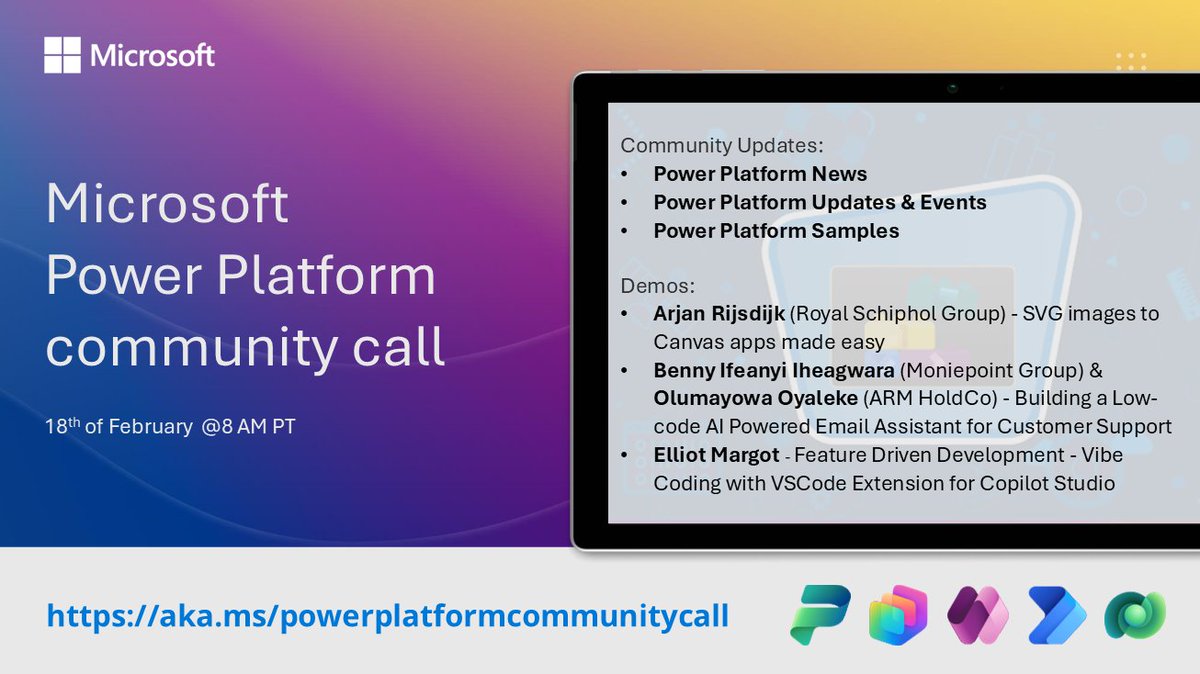 SharePoint's tweet image. 📅 Agenda for the #PowerPlatform community call 18th of Feb

• The latest updates ⚡
• Focus on Power Platform &amp;amp; #CopilotStudio 
• Presented by @arjanrijsdijk, Benny Ifeanyi Iheagwara, Olumayowa Oyaleke &amp;amp; Elliot Margot

+more! 🚀

👋 Join the call → msft.it/6010QrDas