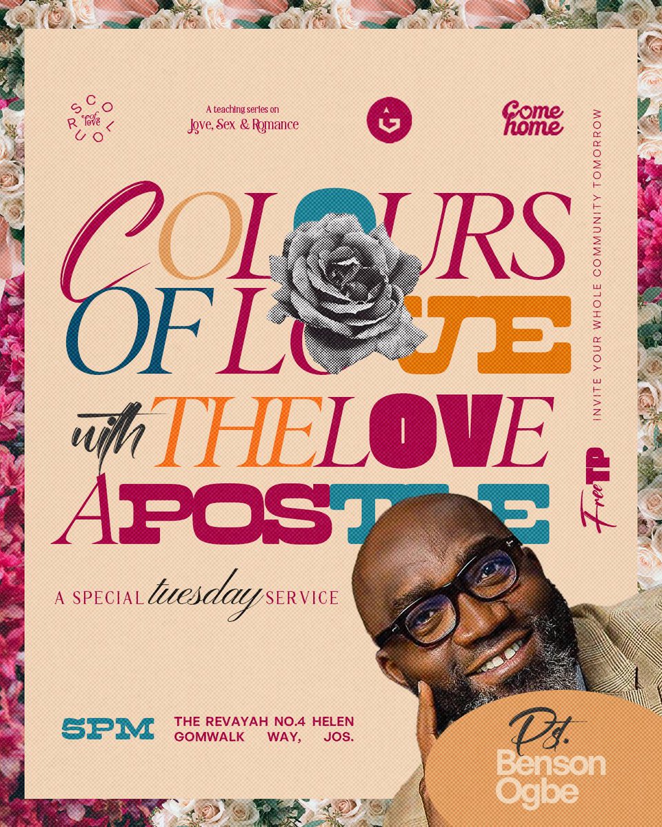 Colors of Love continues this Tuesday with the Love Apostle, Pastor Benson Ogbe. 💃

It’s a special Tuesday service ,one you don’t want to miss. Come with someone you love. ♥️

Join us:
📅 17 February 2026
⏰ 5pm
📍 The Revayah, No.4 Helen Gomwalk Way, Off Old Airport, Jos