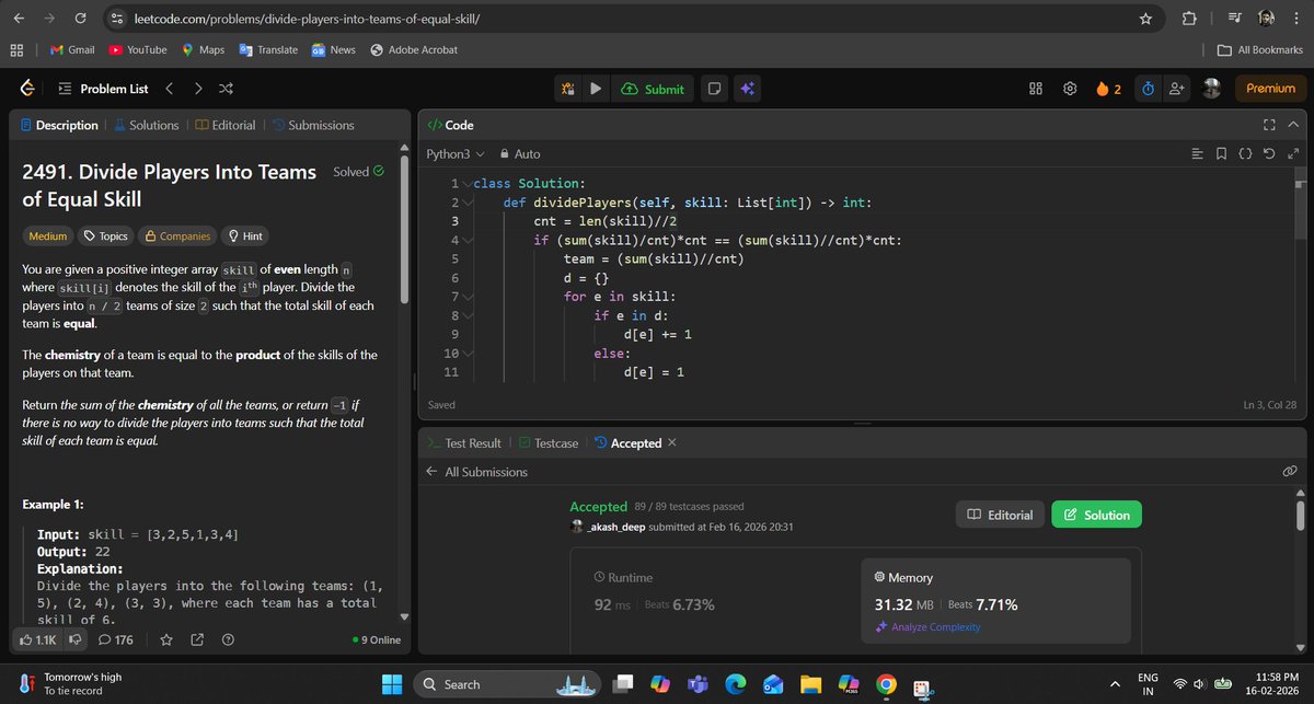 _deep_star's tweet photo. Hello All, I completed #Day776 of #365DaysofCode Challenge with @scaler_official

Question: Divide Players Into Teams of Equal Skill

discord link: https://t.co/KZjzYqsRFf 

#letsconnect #potd #scalerdiscordcommunity #codewithscaler #365daysofcodescaler #365DaysofCode https://t.co/KFuqVzxKIa