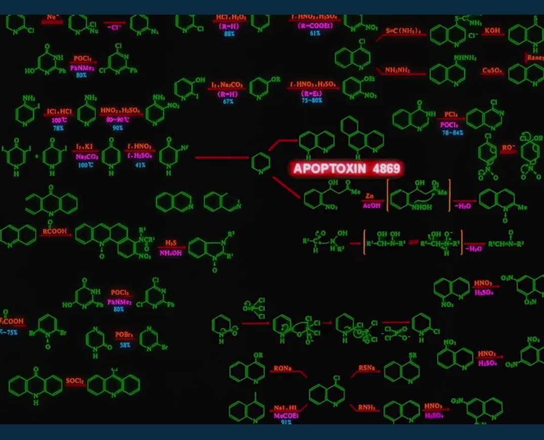 Una curiosidad química. 

En una de las capturas del episodio 129, se muestra una ruta sintética que involucra derivados de anillos aromáticos con familias y núcleos conocidos en compuestos heterocíclicos: por ejemplo hay reacciones de halogenación con cloruro de tionilo,