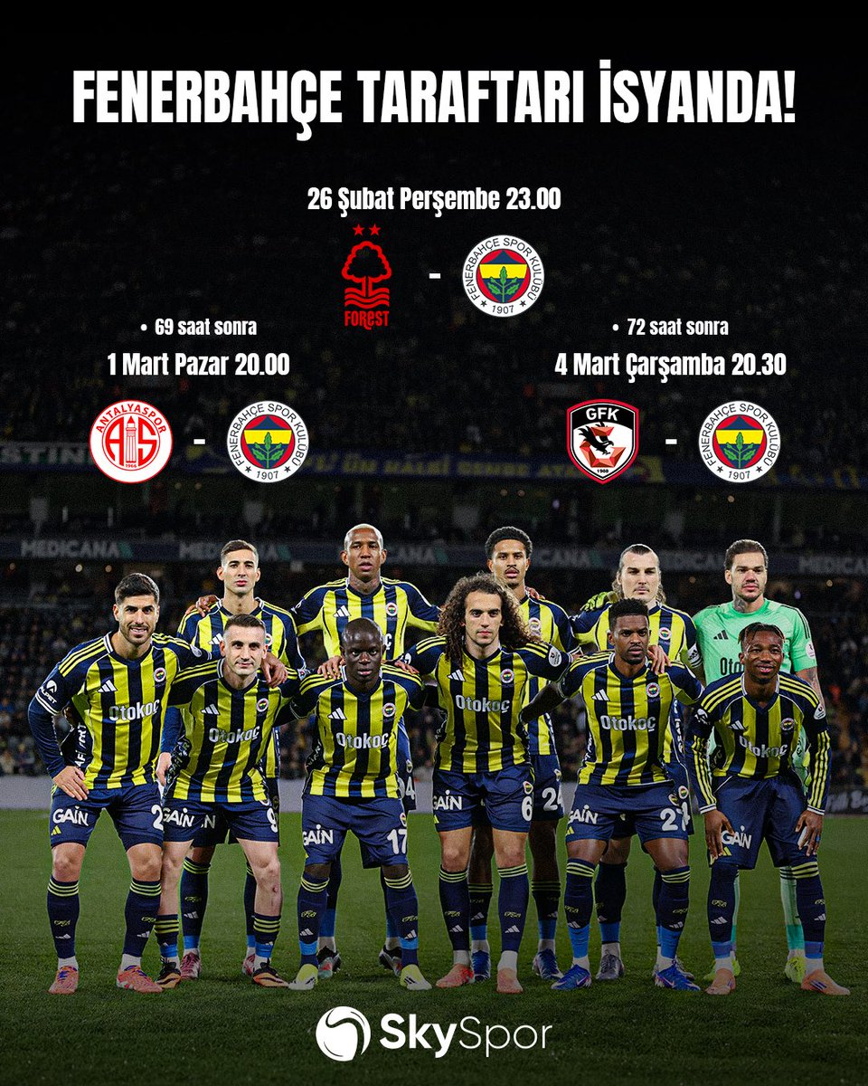 Fenerbahçe taraftarı TFF'nin Antalyaspor maçını Pazartesi'ye, Gaziantep FK maçını ise Perşembe'ye almasını istiyor!

Not: Gaziantep FK maçından sonra Pazar günü iç sahada Samsunspor maçı var.