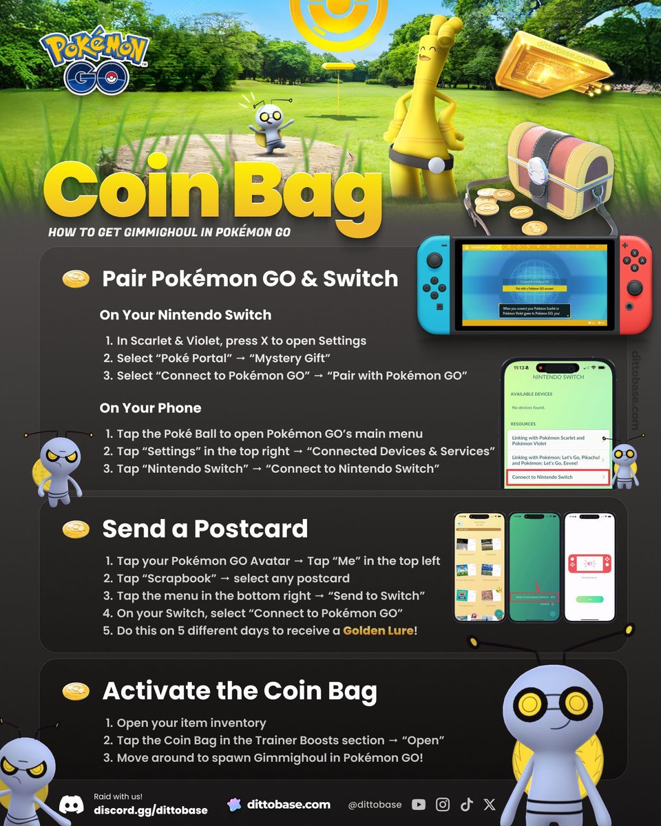Here’s how to get the Gimmighoul Coin Bag in #PokemonGO

Step 0: Have a Switch (or borrow a friend's)
Step 1: Pair Pokémon GO with your Nintendo Switch
Step 2: Send a Postcard
Step 3: Activate the Coin Bag