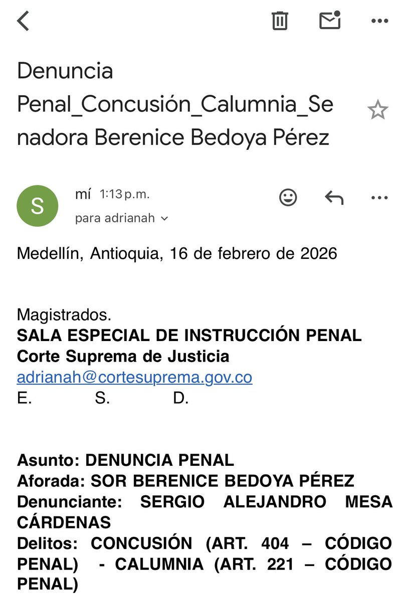 📑 He formulado denuncia penal en contra de la senadora Berenice Bedoya Pérez (<a href="/berenicebedoya1/">Berenice Bedoya Senadora</a>), por el delito de concusión (Art. 404 del Código Penal) y calumnia (Art. 221), ante la Sala Especial de Instrucción de la <a href="/CorteSupremaJ/">Corte Suprema de Justicia</a>. Relacioné todas las pruebas (chats,