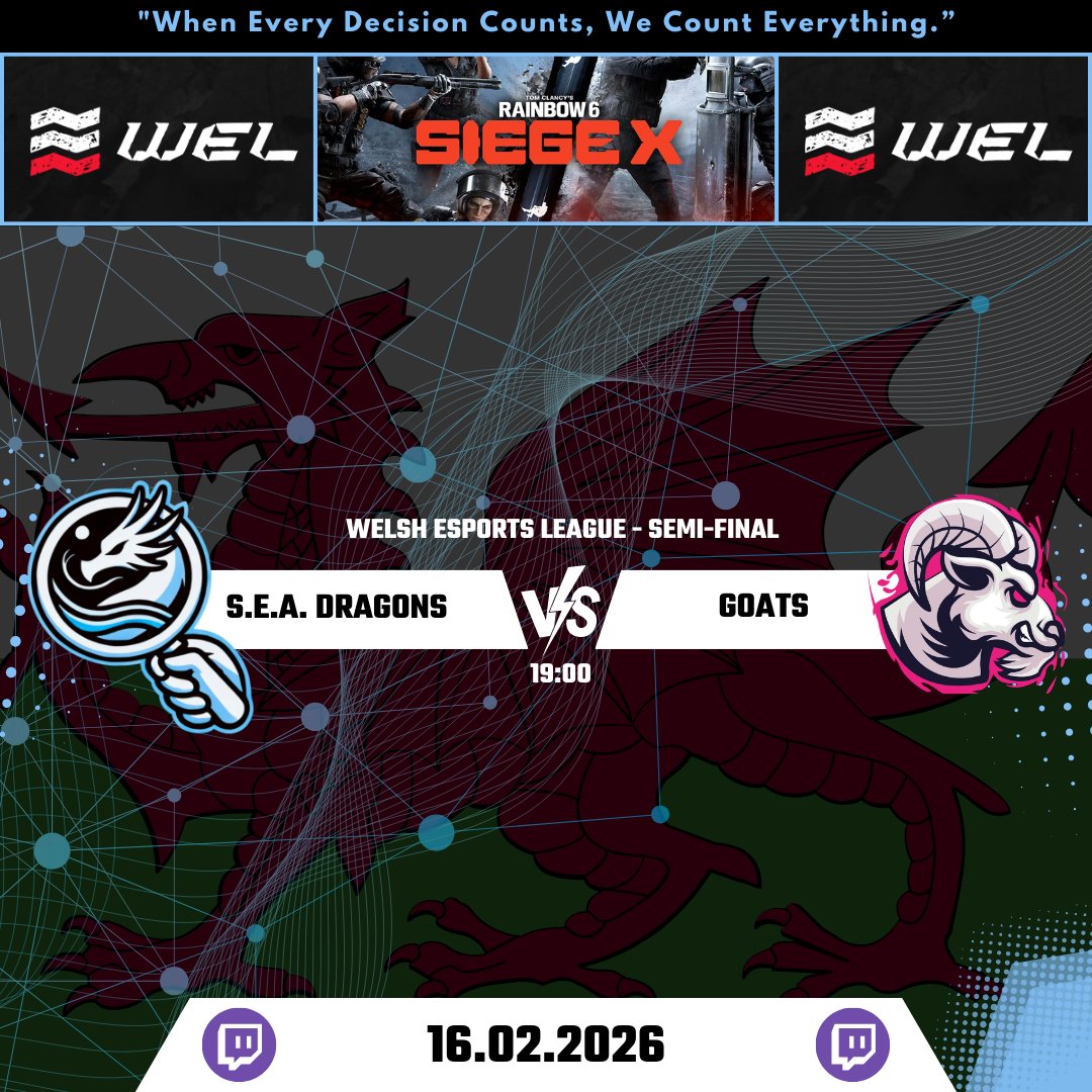 Double fixtures tonight:

🔫 R6 WEL Semi-Final vs <a href="/GoatsGG_/">GOATS ESPORTS 🐐</a> 
🕕 19:00 - Welsh Esports League

🚀 Rocket League vs Boost Over Ball
🕕 18:00 - RLGC x Néit Bi-Weekly

Good luck to both teams.

#SEADragons #R6 #RocketLeague #WEL