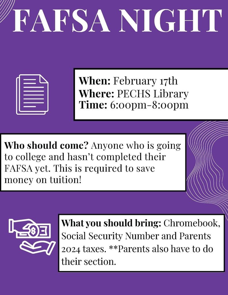 PrinceEdwardSch's tweet image. PECHS seniors, mark your calendars! 🎓
FAFSA Night at the high school will be held on Tuesday, February 17, at 6:00 p.m. in the library.
Learn about scholarship opportunities during Scholarship Night on March 10 at 6:00 p.m. in the high school library.
#TheNextChapter