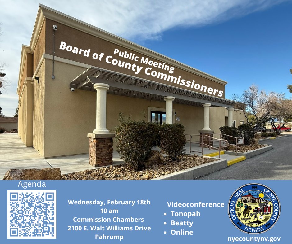 📢 PUBLIC MEETING: The Nye County Board of Commissioners meets Wed., Feb. 18 at 10 a.m. in the Pahrump Commission Chambers. 
Stay informed and make your voice heard. 

Agenda: nyecountynv.gov/AgendaCenter/V…
#NyeCounty #CountyGov