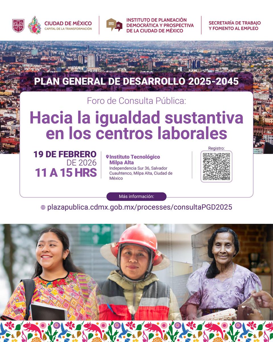 Este 19 de febrero, acompáñanos al foro “Hacia la igualdad sustantiva en los centros laborales” en el Instituto Tecnológico Milpa Alta. 👩🏽‍🏭👩🏽‍⚕️

Juntas y juntos construiremos una #CapitalDeLaTransformación con más igualdad y oportunidades en el trabajo.

🕙 11:00 a 15:00 horas
📍