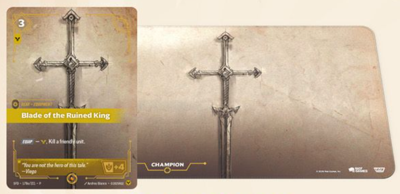 Here is the first look at the Alt Art Blade of the Ruined King Card &amp; Playmat that will be given to the Champion of the English Regional Qualifiers for Set 2!

#Riftbound #RBSpiritforged