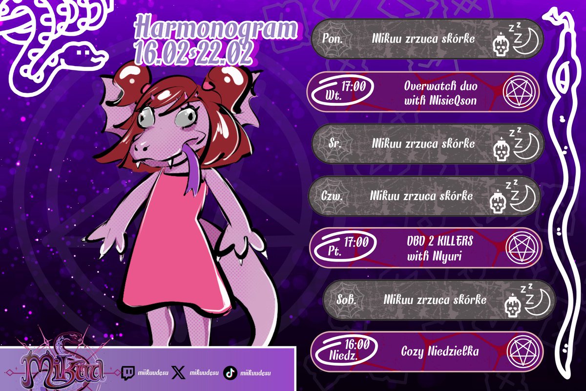 Harmonogramek! 😎
Niesamowity tydzień uszykowałam xdd

Wtorek = iconic duo w Overwatchu! Ile wygramy rankedów z <a href="/MisieQson/">MisieQson🧸</a> ? 🥺

W czwartek zapraszam na pogrom survów w DBD czyli 2 KILLERÓW z <a href="/poprostumyuri/">Myuri 💕💜</a> 💜

A niedzielka na spokojnie :3

Oh jascurecko by @/2xmeryx2