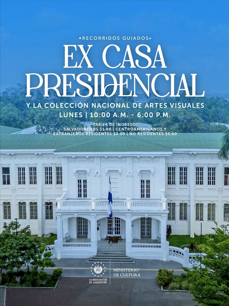 Conoce la fascinante historia y el arte salvadoreño, con la Colección Nacional de Artes Visuales y recorridos guiados en la Ex Casa Presidencial. 🇸🇻

🗓️ Lunes 16 de febrero
⏰ 10:00 a.m. – 6:00 p.m.
