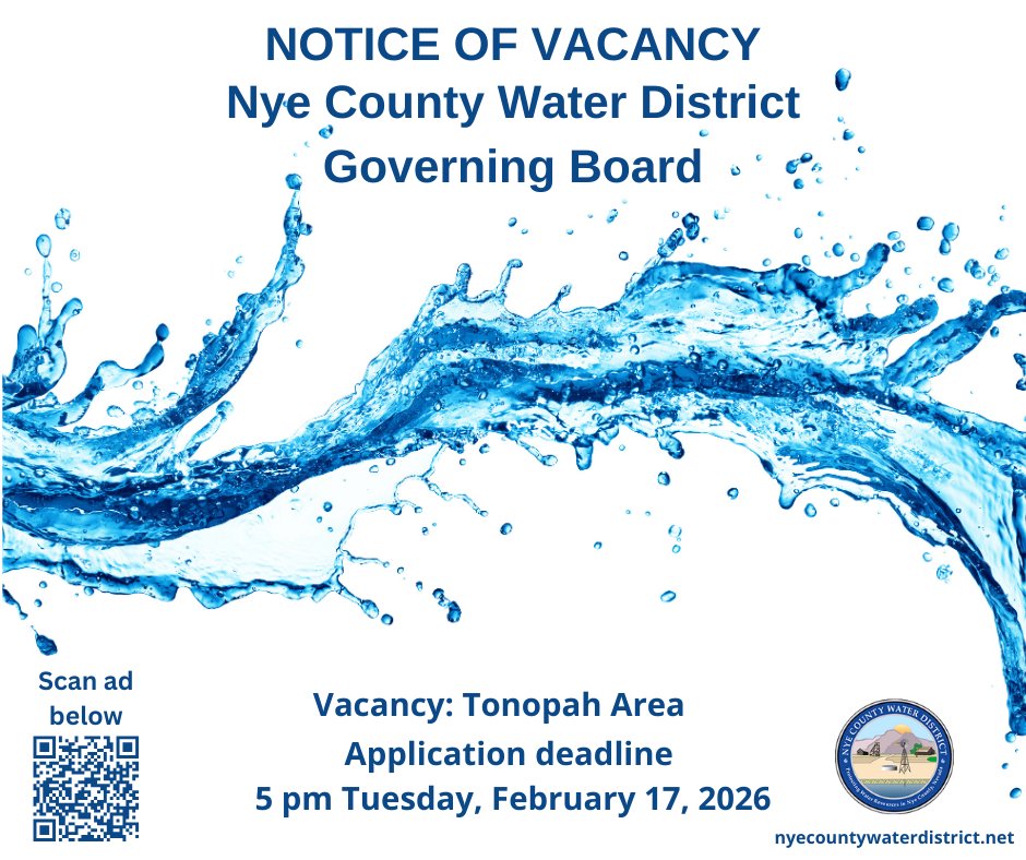 📣 Nye County is seeking applicants by 5 PM Tuesday for a vacancy on the Water District Governing Board representing the Tonopah area (Area 2). Term ends June 30, 2026. 
A great chance to serve your community.
nyecountynv.gov/DocumentCenter…
#WaterIssues #NyeCounty #Tonopah