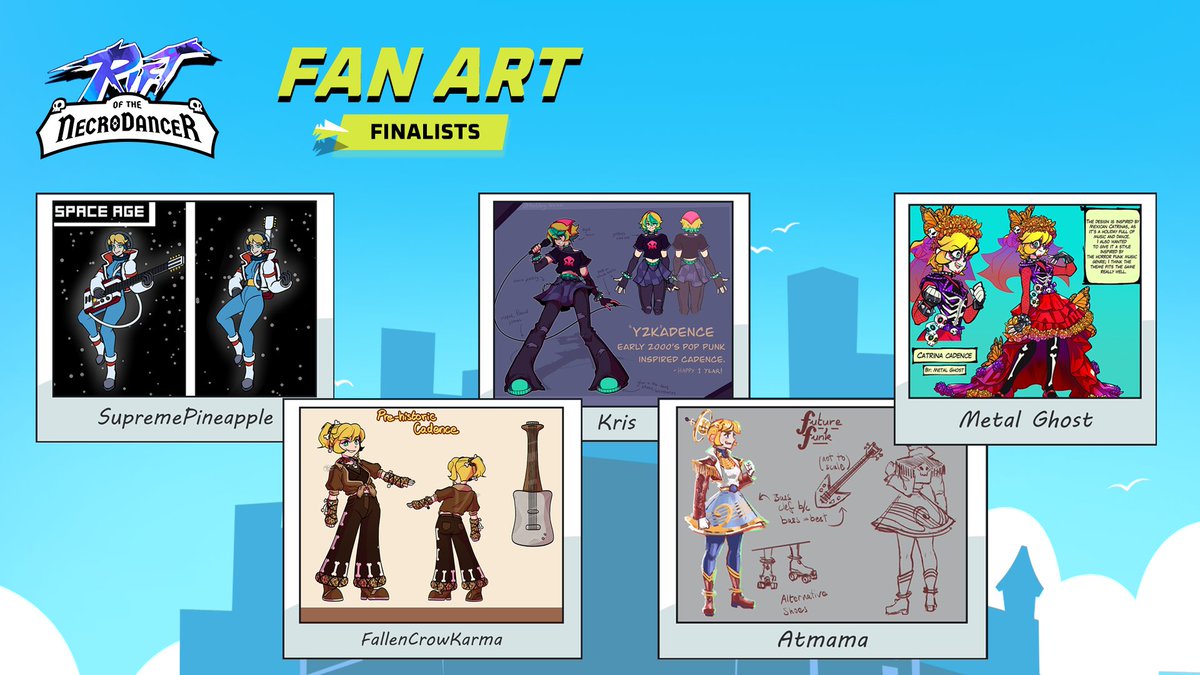 NecroDancerGame's tweet photo. After evaluating over 120 submissions and constantly asking ourselves, “How is our community so good at this??”, we are thrilled to share our 20 finalists!

Join our Discord to congratulate them and vote on your favourites: https://t.co/iil56oWFv0 https://t.co/JPrI4qAtK7