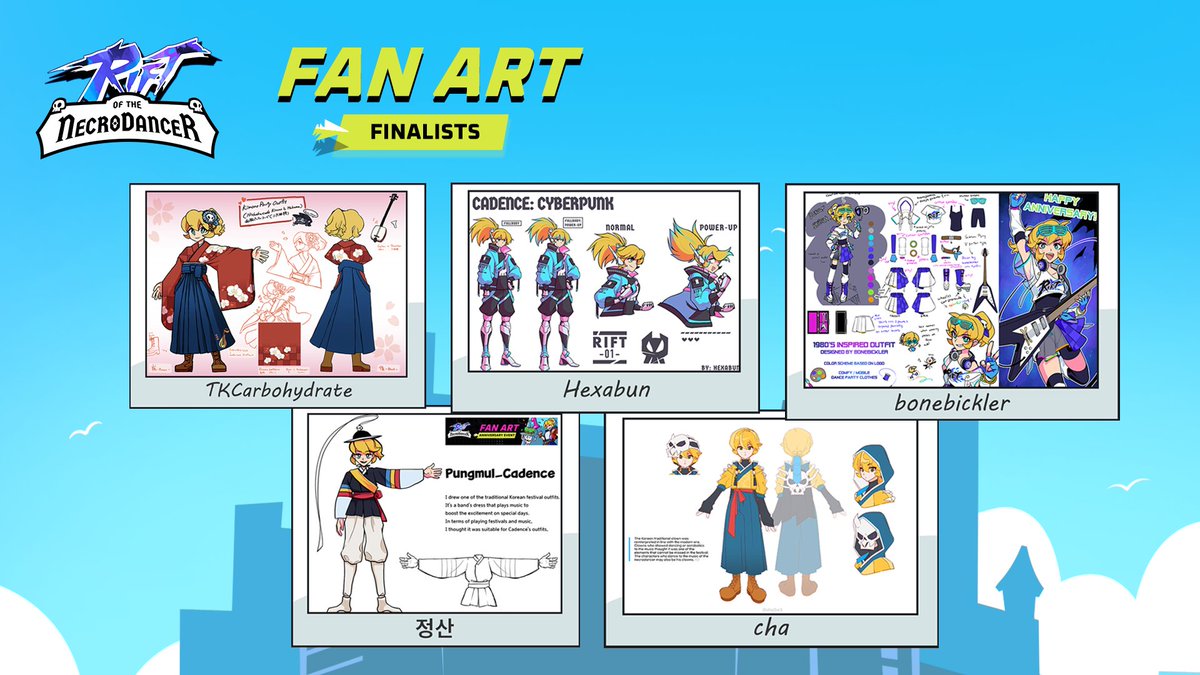 NecroDancerGame's tweet photo. After evaluating over 120 submissions and constantly asking ourselves, “How is our community so good at this??”, we are thrilled to share our 20 finalists!

Join our Discord to congratulate them and vote on your favourites: https://t.co/iil56oWFv0 https://t.co/JPrI4qAtK7