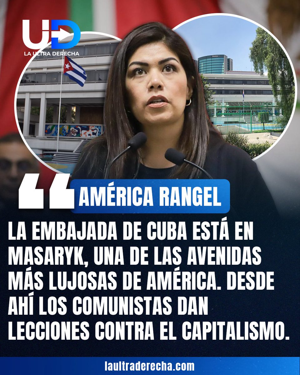 🇲🇽|🇨🇺¡DURO! La diputada de derechas <a href="/AmerangelLorenz/">América Rangel</a> arremetió contra los comunistas que se manifiestan afuera de la Embajada de Cuba en protesta por el supuesto bloqueo económico de Estados Unidos. 

Señaló que dicha embajada se encuentra en una de las avenidas más caras de