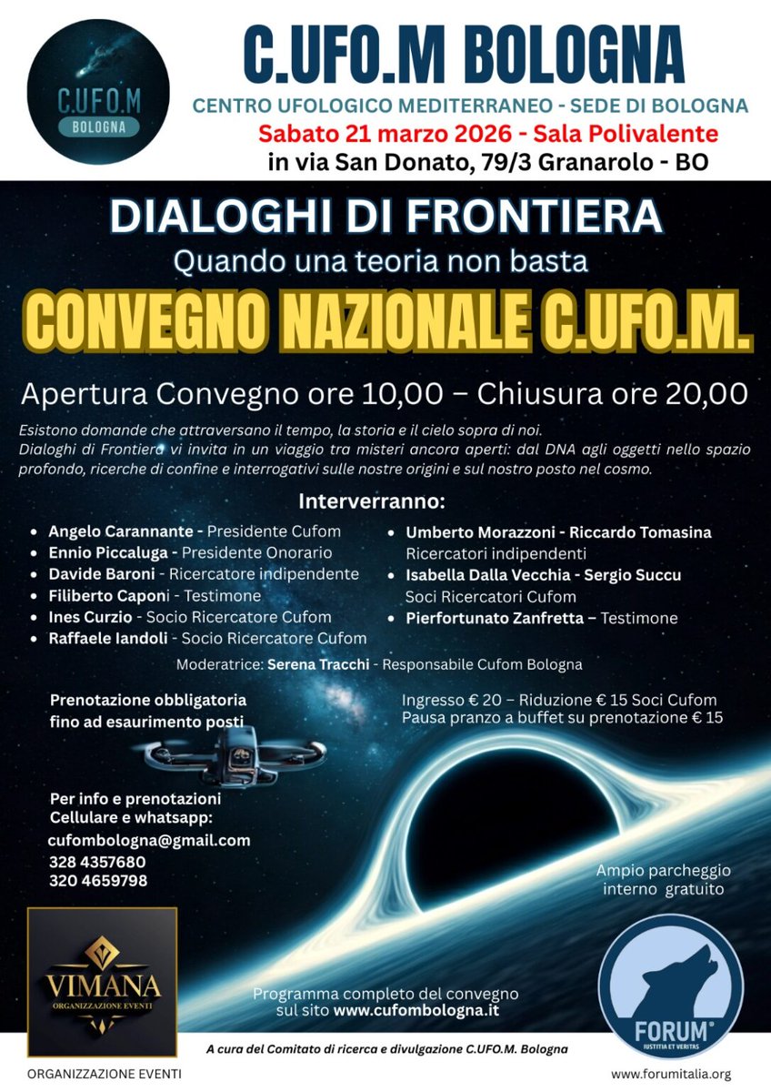 InfoCufom's tweet photo. 13 Mesi di Terrore: La Vera Storia del Mothman e l’Ombra dei Men in Black. Convegno di Granarolo di sabato 21.03.2026. Offerta biglietti. Contatti 3284357680, 3204659798, cufombologna@gmail.com, centroufologicomediterraneo2@gmail.com
https://t.co/u3LDOA5lJU https://t.co/jKtK8tvkO1