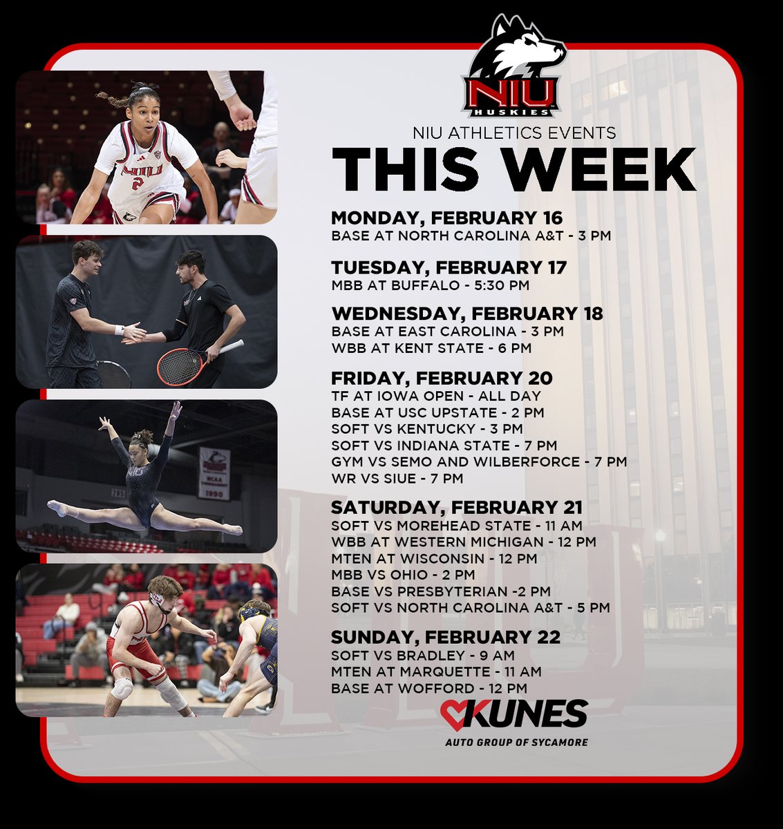 Another busy week in Huskie Athletics 

Check out what's happening, presented by <a href="/KunesAutoGroup/">Kunes Auto and RV Group</a> 

#GoHuskies