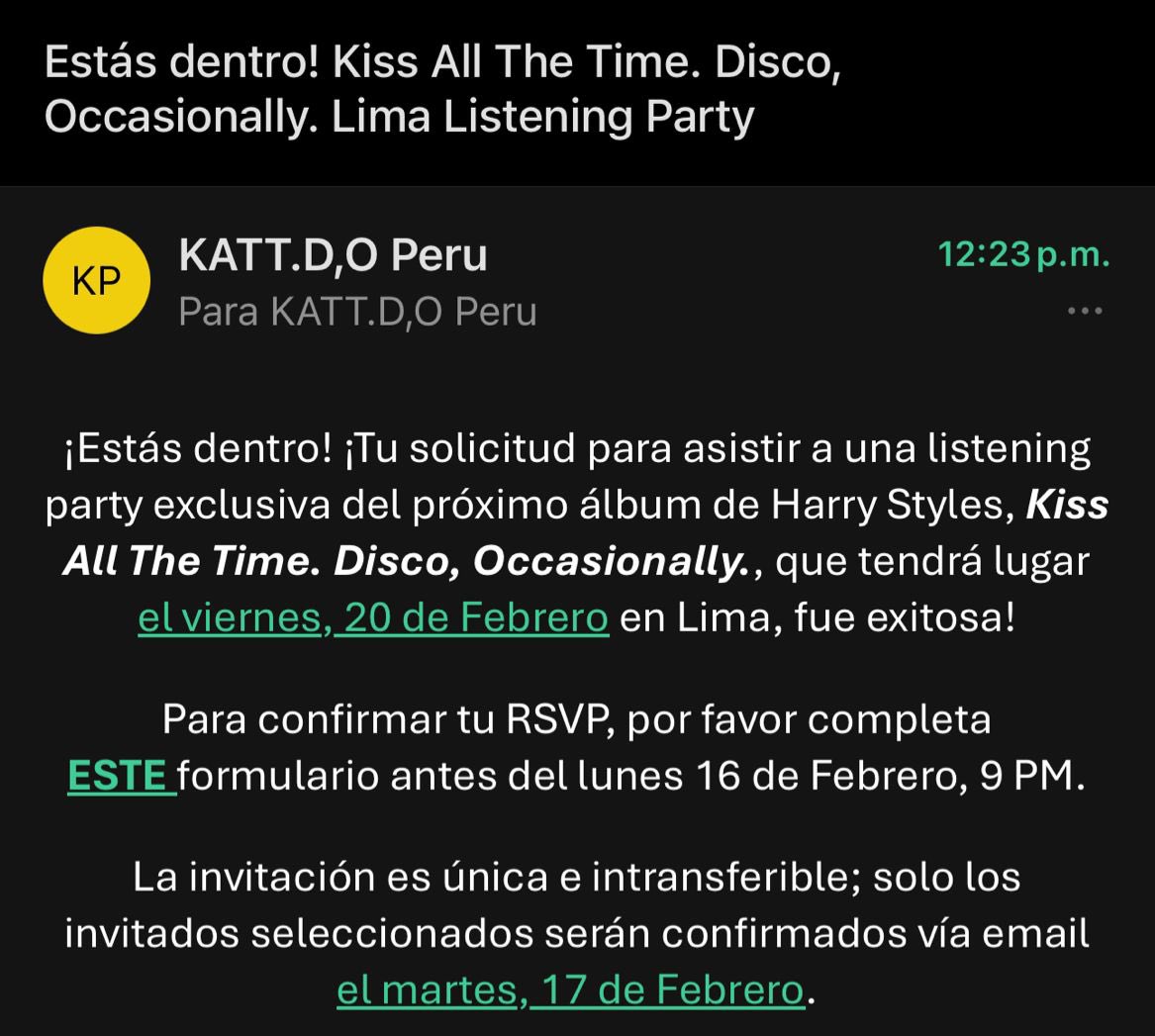 HarryS94Peru's tweet photo. 🚨| Ya llegaron los correos de confirmación para el listening party en Lima. Congrats a lxs afortunadxs 🪩 https://t.co/0CkWXF03As