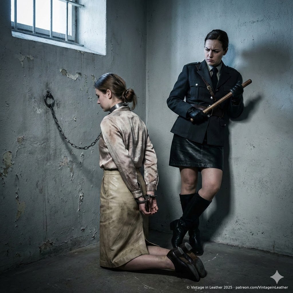 VLeather3612's tweet photo. "Under Discipline"

Ninth picture from the project "The Iron Ward — Vol. I (Women's Prison, 1946)"
https://t.co/cwTohFLaLu

Scene 09 — Under Discipline

The room is small and austere. Rough walls, a bare concrete floor, no furniture. Only a steel ring set deep into the wall defines its purpose. This is not a place of impulse or excess. Discipline here follows procedure.

A young inmate kneels close to the wall. She wears a light vintage leather skirt and a satin blouse, now creased and visibly out of place in this setting. Her hands are restrained behind her back with standard police handcuffs. Around her neck is a metal restraint, connected by a short chain to the steel ring. The chain is not fully taut, but it clearly limits her movement.

Her posture is subdued. Head lowered slightly, shoulders drawn in. Her expression reflects restraint rather than panic. She does not resist, nor does she plead. This moment is the consequence of a violation, understood even if not spoken aloud.

Beside her stands a guard, leaning against the same wall. Her stance is closed, controlled, authoritative. She holds a baton in one hand, not raised, not brandished. Simply present. Her expression suggests reprimand rather than rage. What is being enforced here is order, not emotion.

The scene captures a regulated response within the institution. A measured act of discipline, carried out according to rule, not impulse. The system does not ask for submission. It requires compliance.

👉 Manager Clotilde’s Notice:
While you are looking at this image from the first volume of The Iron Ward, Volume II is already complete.
The next chapter inside these walls will be released on our Patreon in the coming days.

PROJECT DESCRIPTION

The Iron Ward is an artistic visual project that leads the viewer into the environment of a fictional women’s prison in France in the year 1946.

This is not a narrative in the traditional sense. The project does not follow individual stories, nor does it seek resolution or judgment. Instead, it presents a carefully curated series of selected scenes that collectively depict daily life inside an institution governed by order, hierarchy, and procedure.

The images portray routine moments and controlled situations within the prison: intake and inspection processes, temporary holding spaces, administrative offices, cells, corridors, work assignments, communal areas, and regulated daily activities. These scenes are not arranged as a linear storyline but function as isolated observations, fragments of an institutional reality.

A defining feature of this prison is the mandatory use of restraints. All incarcerated women are required to wear restraints as part of the institutional regime. Handcuffs worn in front of the body are presented as a privilege, granted under specific conditions and revoked when necessary. The distinction between restraint positions reflects status, behavior, and compliance within the system.

The prison staff is composed exclusively of women. Guards and officers are portrayed as confident, authoritative figures, often dressed in a range of leather uniforms and tailored variations appropriate to their roles. Their appearance reinforces hierarchy and control while remaining grounded in a stylized but disciplined aesthetic consistent with the post-war era.

Discipline within the institution follows a defined protocol. Punishments and restrictions are not arbitrary, emotional, or driven by personal gratification. They are applied according to rules, procedures, and formal responses to infractions. The project deliberately avoids depictions of gratuitous cruelty, sadism, or humiliation for pleasure. Authority here is institutional, not personal.

The Iron Ward does not explore the guilt or innocence of the women held within its walls. Legal context, crimes, and moral judgment remain outside the scope of the work. The focus lies instead on structure, routine, control, and the psychological atmosphere created by confinement and regulation.

This project is a work of stylized fantasy realism. While the setting is fictional, all visual elements are grounded in the aesthetics, materials, and social atmosphere of the mid-1940s. Modern elements are excluded. The tone remains observational, restrained, and deliberate.

This first volume marks an initial entry into the world of The Iron Ward. Future volumes will return to this institution, continuing to explore its spaces, routines, and dynamics through new selected scenes.

#Handcuffs #Prison #VintageInLeather #Arrested #VintageLeather #LeatherGloves #Chained