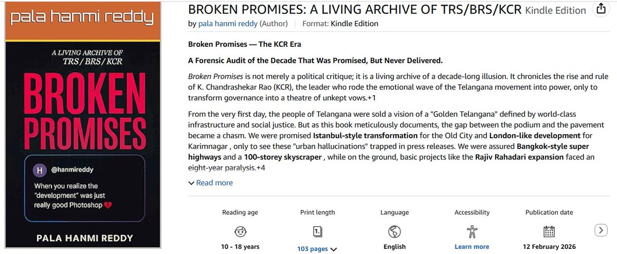 hanmireddy's tweet image. They promised a Golden Telangana. What followed was an economy of headlines, farmhouse governance, and a long list of vanishing promises.

From global city dreams to a “zero seat” verdict, BROKEN PROMISES: A LIVING ARCHIVE OF TRS/BRS/KCR tracks the rise, contradictions, and