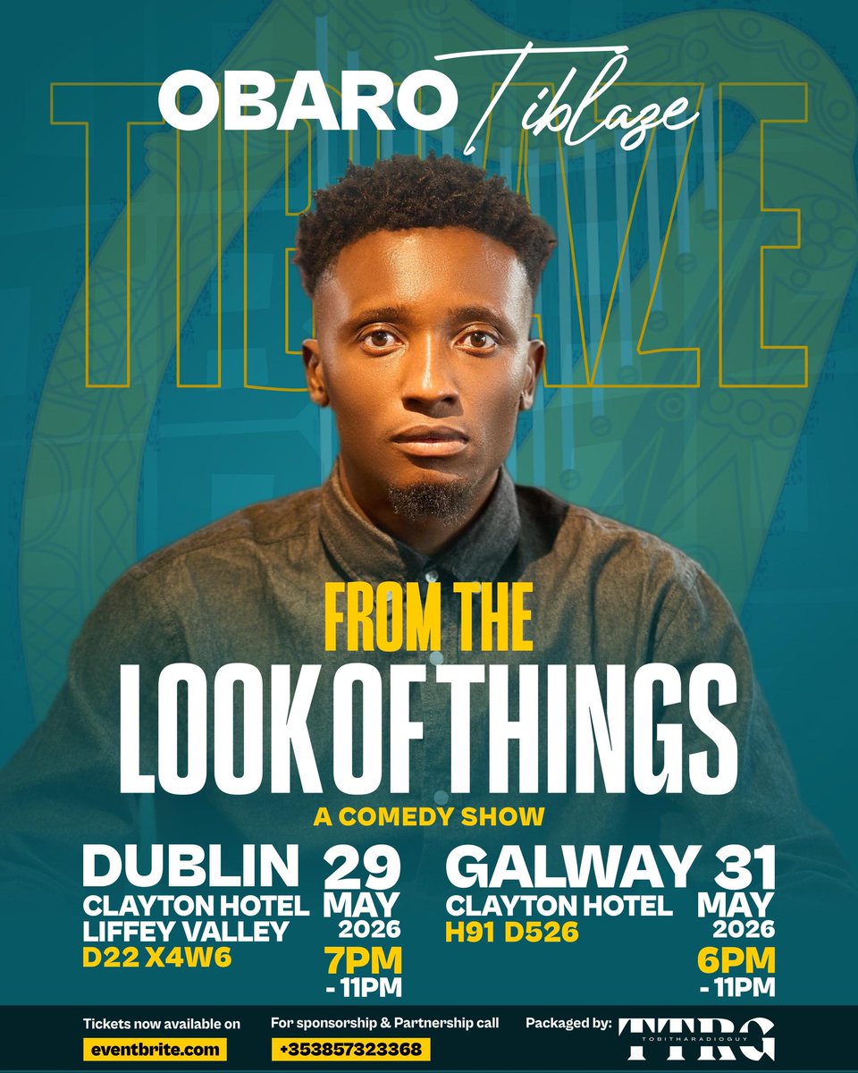 DUBLIN &amp; GALWAY, ARE YOU READY TO LAUGH??
<a href="/ObaroTiblaze/">Obaro Tiblaze</a> is coming with “FROM THE LOOK OF THINGS” 
A comedy show that will leave you crying tears (not your usual Nigeria tears o 😭😂)
DUBLIN: Clayton Hotel Liffey Valley
🗓 29th May 2026 | ⏰ 7PM – 11PM