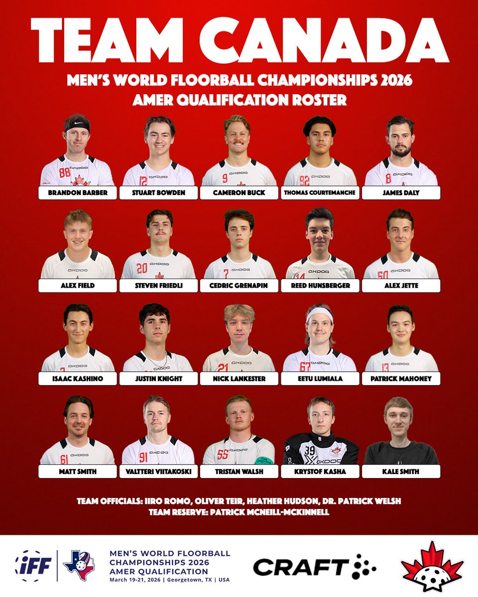 FloorballCanada's tweet photo. Introducing our roster for the Men’s WFC 2026 AMER Qualification in Georgetown, Texas!

Below is the qualification game schedule:
19.03 - 19:00 EST - 🇺🇸
20.03 - 19:00 EST - 🇺🇸
21.03 - 13:00 EST - 🇺🇸

#floorball #floorballcanada #wfc2026 #freeoflimits @IFF_Floorball @iffwfc https://t.co/rDi4rkOXP1