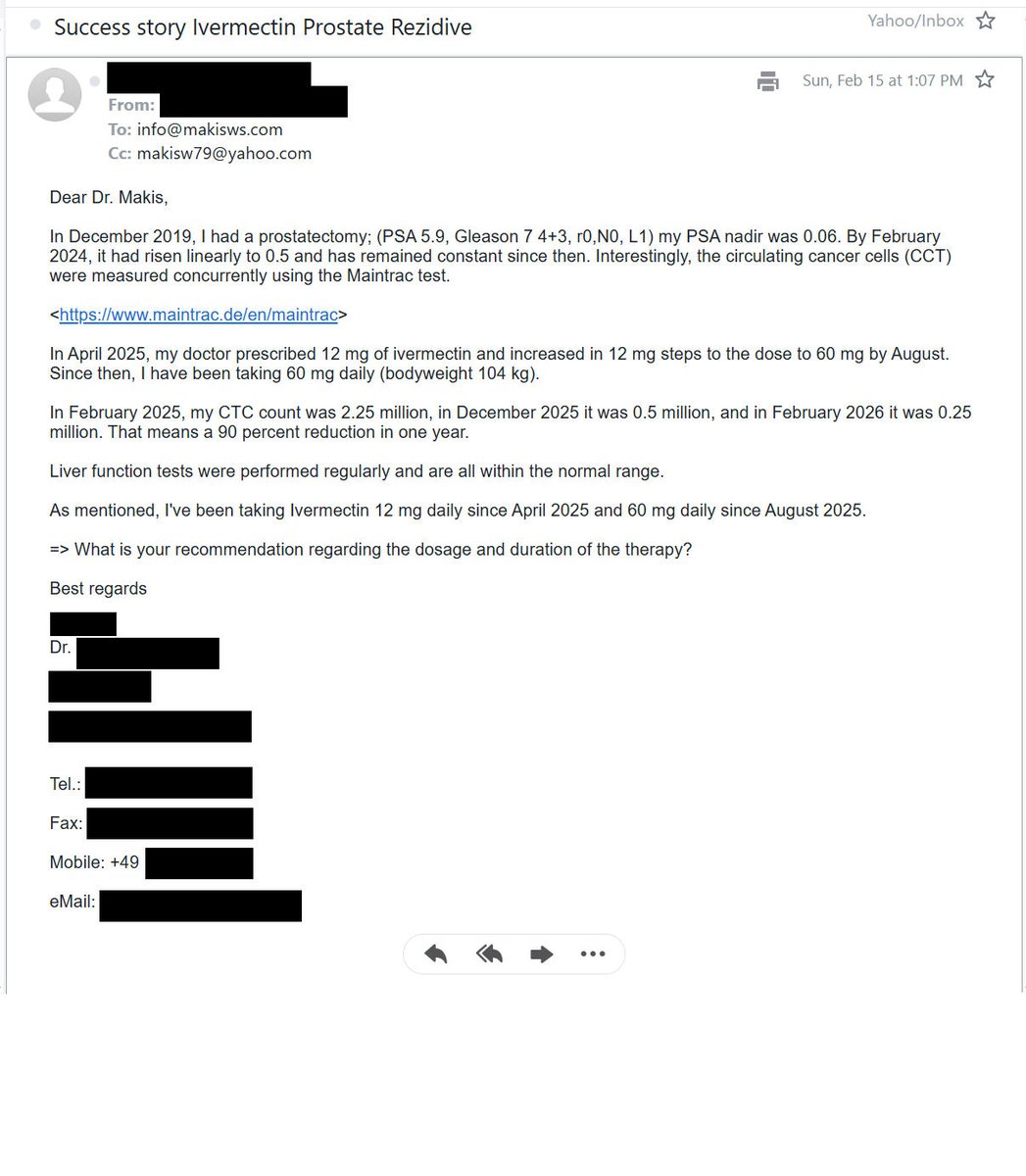 NEW ARTICLE: IVERMECTIN Testimonial - GERMAN Doctor shares his success story with Prostate Cancer recurrence and 12 months of Ivermectin - 90% drop in Circulating Cancer Cells!

German Doctor shares his Ivermectin success! 😃

This is a particularly interesting case because I