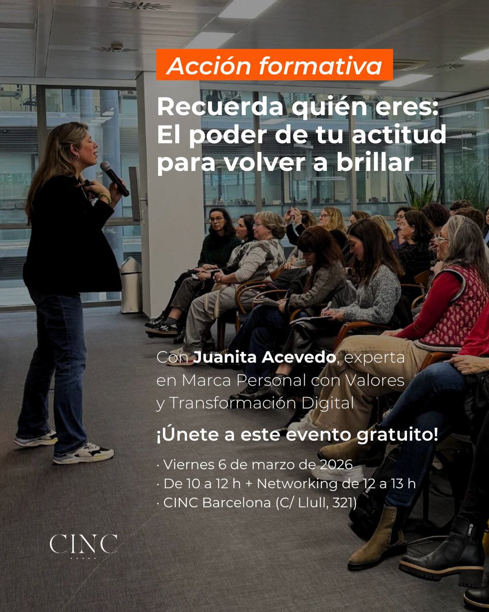 🟣 En el marco del Día Internacional de la Mujer, te invitamos a una sesión inspiradora a cargo de <a href="/juanitaacevedo/">Juanita Acevedo</a>, experta en Marca Personal. 
🗓️6/3/2026, de 10 a 12 h. + Networking de 12 a 13 h.
📌 CINC Barcelona, C/ Llull 321
📝 cinc.com/es/acte/accion… #8M