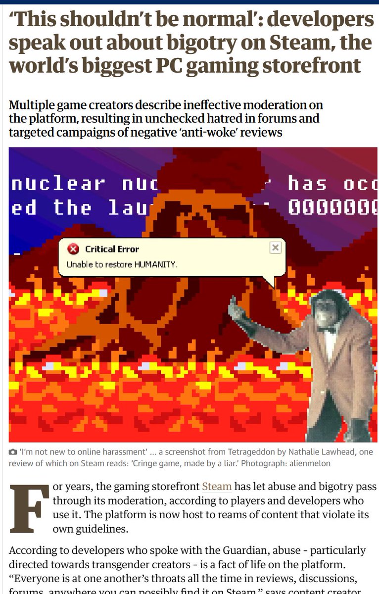 The Guardian and some very woke devs want Steam to start censoring posts and reviews, citing rampant "bigotry" and "hate."