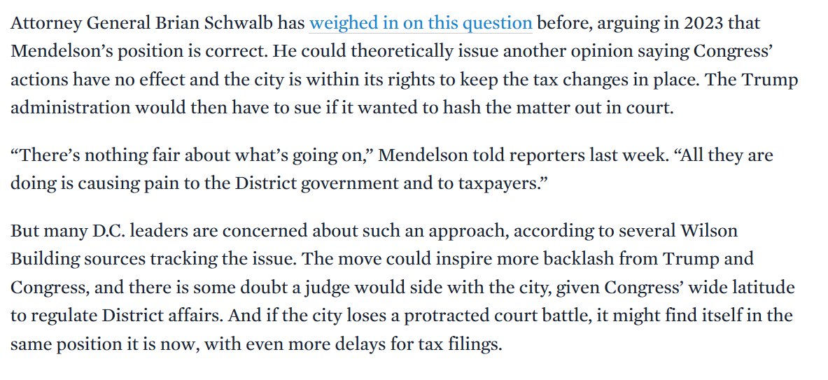 New: It's deja vu all over again in DC now that Congress has again blown up the city's budget.

Could DC get this blocked in court? Or maybe pass the tax changes blocked by Congress back into law somehow? It's all on the table. Here's what local leaders are debating right now: