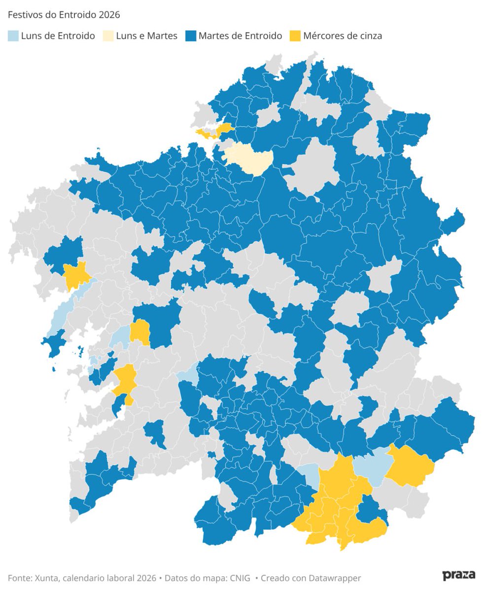 prazapublica's tweet photo. 🥳📍MAPA INTERACTIVO | Aquí é festivo polo Entroido
 
👺🕺 En 189 concellos é festiva algunha das xornadas entroideiras. Na maioría o día elixido é o Martes de Entroido https://t.co/Dq9nKNvxWv https://t.co/sDavw2y1ba